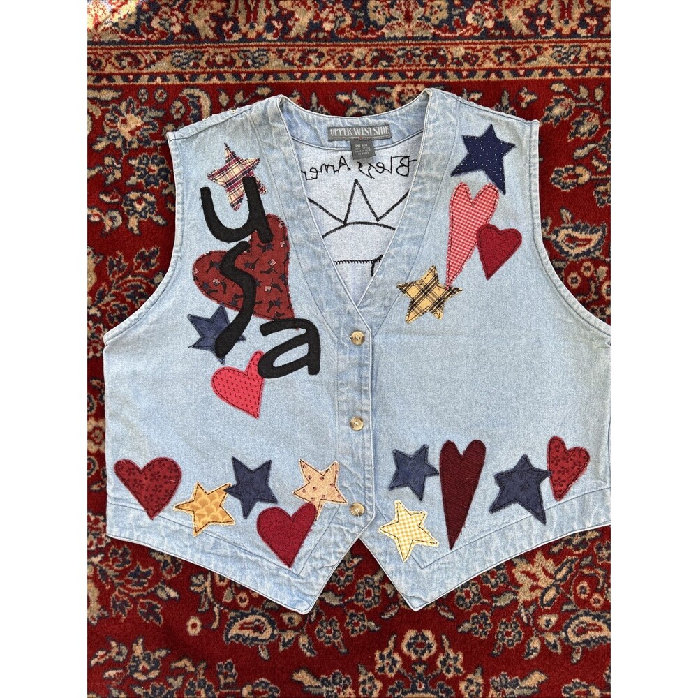 Vintage 90s Patchwork Denim Boho Vest Top One Size Blue America Flag USA